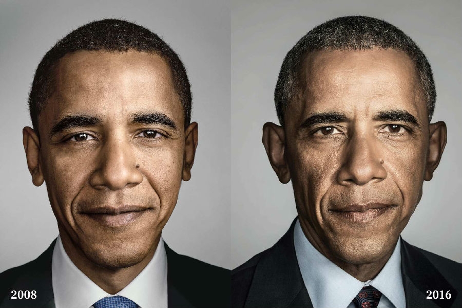 美国的人像摄影师Dan Winters分别在2008年和2016年给奥巴马拍过肖像，同样的发型、同样的角度、同样的光线、同样的着装。看看奥巴马当总统的八年，就可以理解成功人士抗衰老的必要性了。
